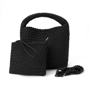 Haute Shore Shelly Woven Black Bucket Bag for Women – Convertible Top Handle Handbag with Removable Crossbody Strap & Matching Wristlet Pouch