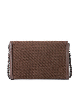 Haute Shore - Chocolate Brown Woven Clutch Purse for Women – Vegan Leather Envelope Crossbody Bag with Magnetic Closure & Detachable Chain Strap, Small Evening Shoulder Bag