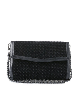 Haute Shore - Black Woven Clutch Purse for Women – Vegan Leather Envelope Crossbody Bag with Magnetic Closure & Detachable Chain Strap, Small Evening Shoulder Bag