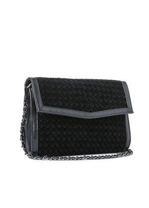 Haute Shore - Black Woven Clutch Purse for Women – Vegan Leather Envelope Crossbody Bag with Magnetic Closure & Detachable Chain Strap, Small Evening Shoulder Bag