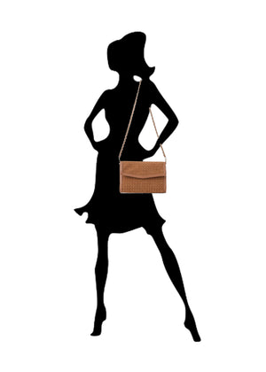 Haute Shore - Beth Saddle Brown Woven Clutch Purse for Women – Vegan Leather Envelope Crossbody Bag with Magnetic Closure & Detachable Chain Strap, Small Evening Shoulder Bag