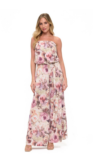 Strapless pink floral wide leg jumpsuit-ariella P592-v1069