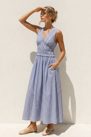 Stripe V Neck Shirred Waist Midi Dress-Dress Forum FD12374-P1936