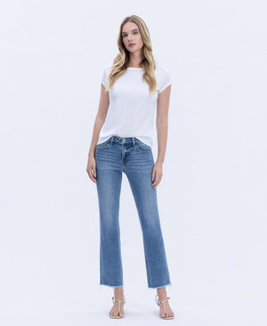 MID RISE MEDIUM WASH RAW HEM CROP STRAIGHT JEANS V2750N-Vervet