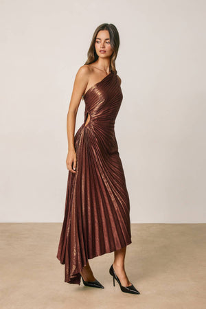Metallic Foil 1 Shoulder Asym Pleated Dress-Dress Forum FD10589