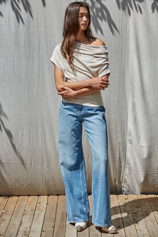 Solid Off Shoulder Drape Top-By Together L10213