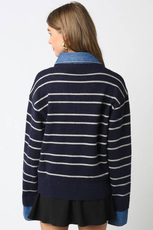 Sofia Stripe Collared Sweater-Olivaceous