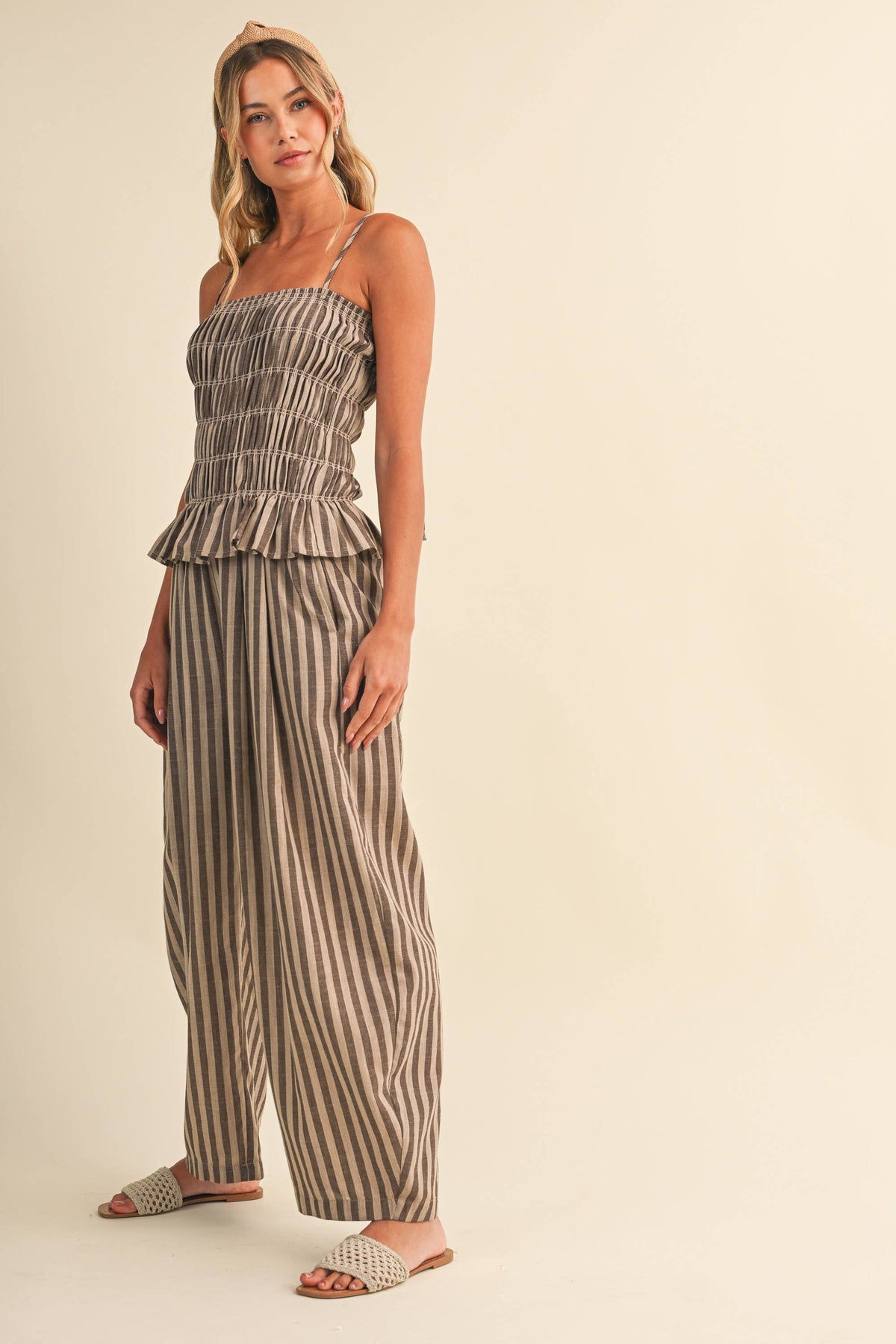 Striped Ruffle Hem Smocked Jumpsuit-Klesis - IJP3436