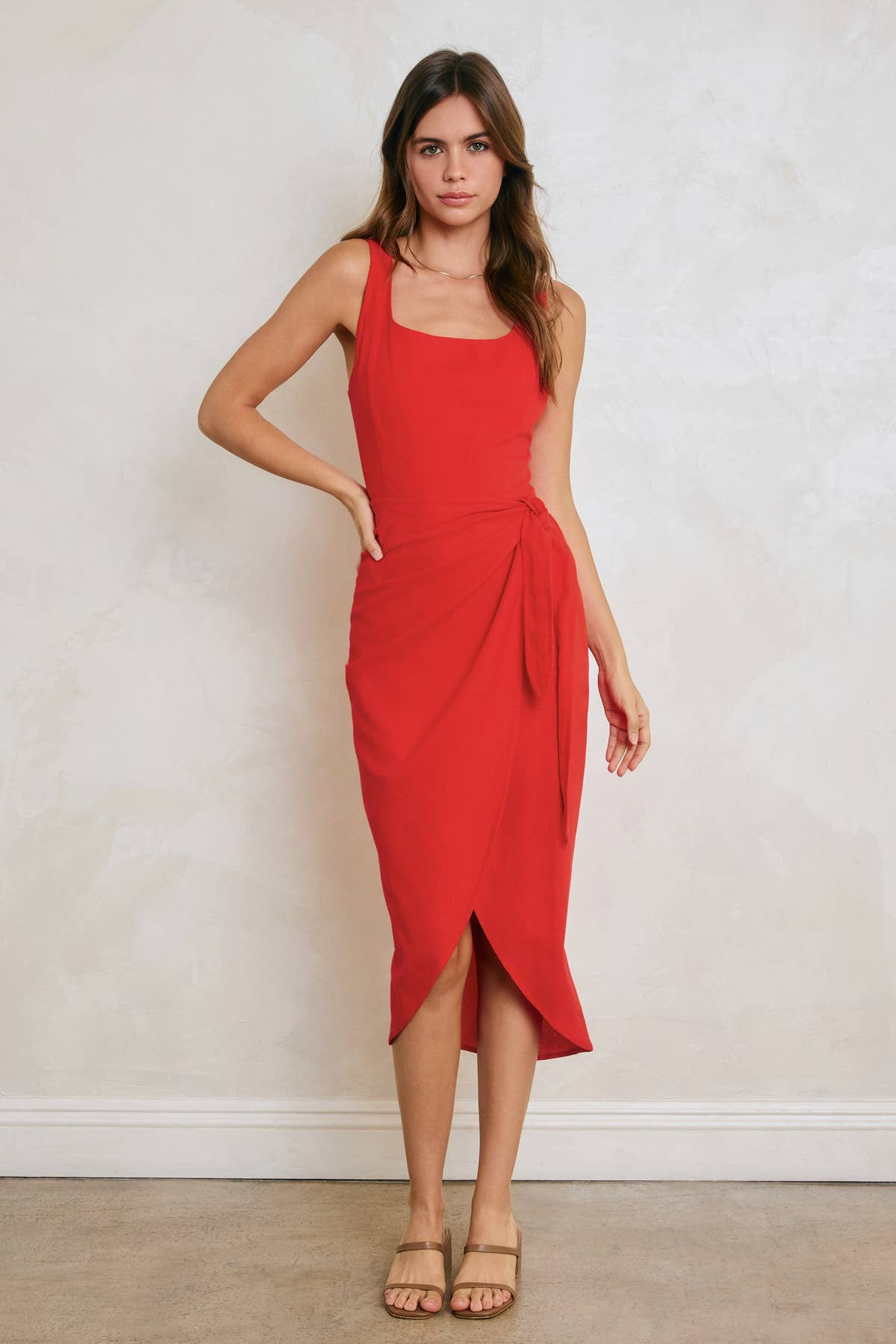 Linen Square Neck Tulip Hem Wrap Dress-Dress Forum