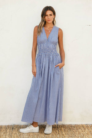 Stripe V Neck Shirred Waist Midi Dress-Dress Forum FD12374-P1936