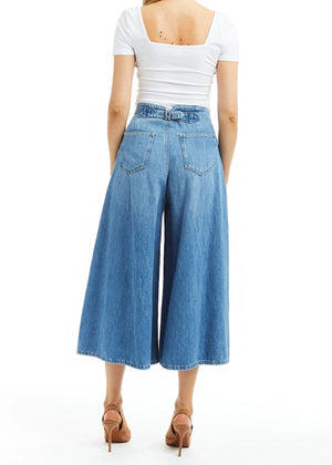 Denim Culotte with Back Buckle - Tractr Jeans