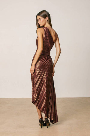 Metallic Foil 1 Shoulder Asym Pleated Dress-Dress Forum FD10589