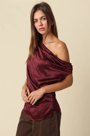 Sally Satin One Shoulder Top-  Olivaceous