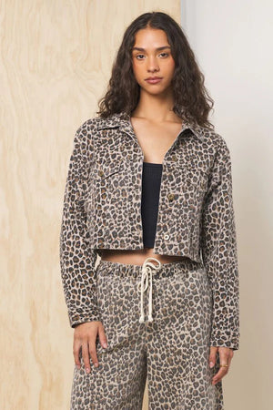 Leopard Stretch Denim Crop Jacket - Vintage Havana
