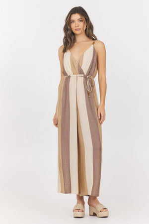 Woven Metallic Jumpsuit in Cocoa Stripe - Vintage Havana