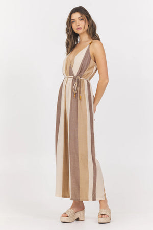 Woven Metallic Jumpsuit in Cocoa Stripe - Vintage Havana