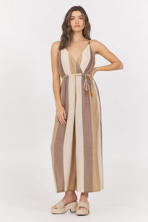 Woven Metallic Jumpsuit in Cocoa Stripe - Vintage Havana