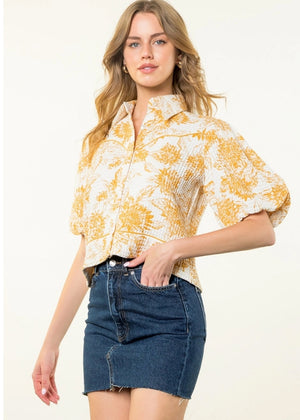 Puff Sleeve Floral Button Up Top in Yellow - THML
