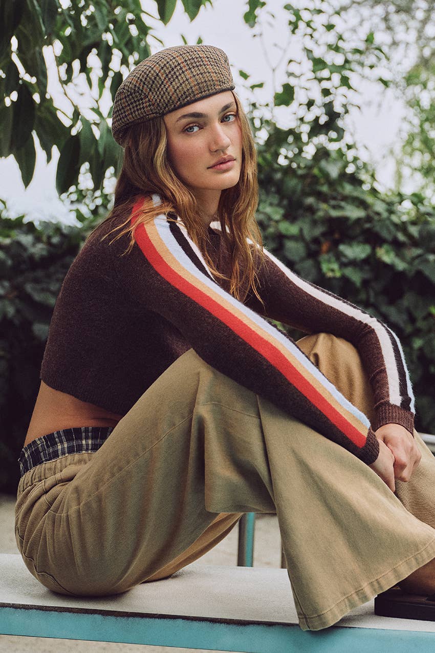 Rylee Contrast Stripe Sweater-Olivaceous