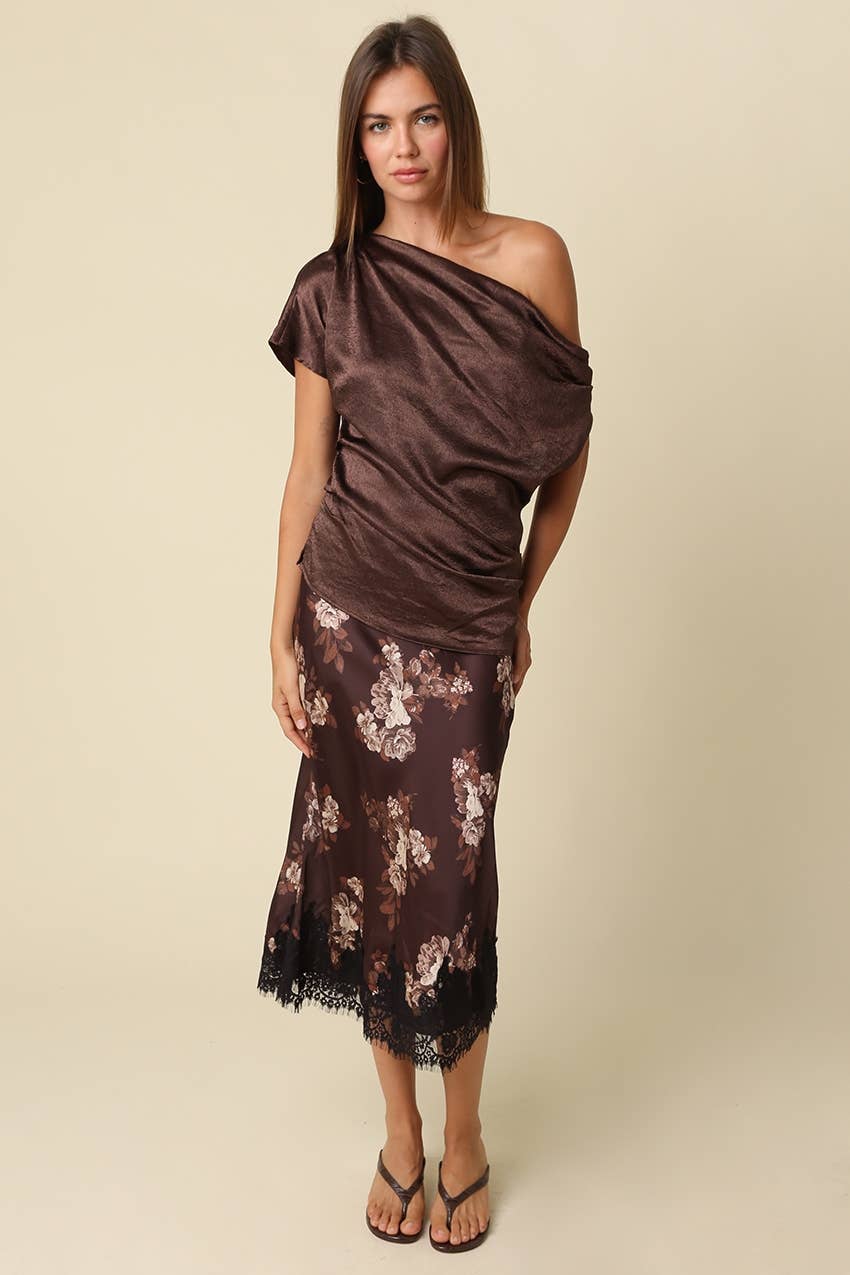Sally Satin One Shoulder Top-  Olivaceous
