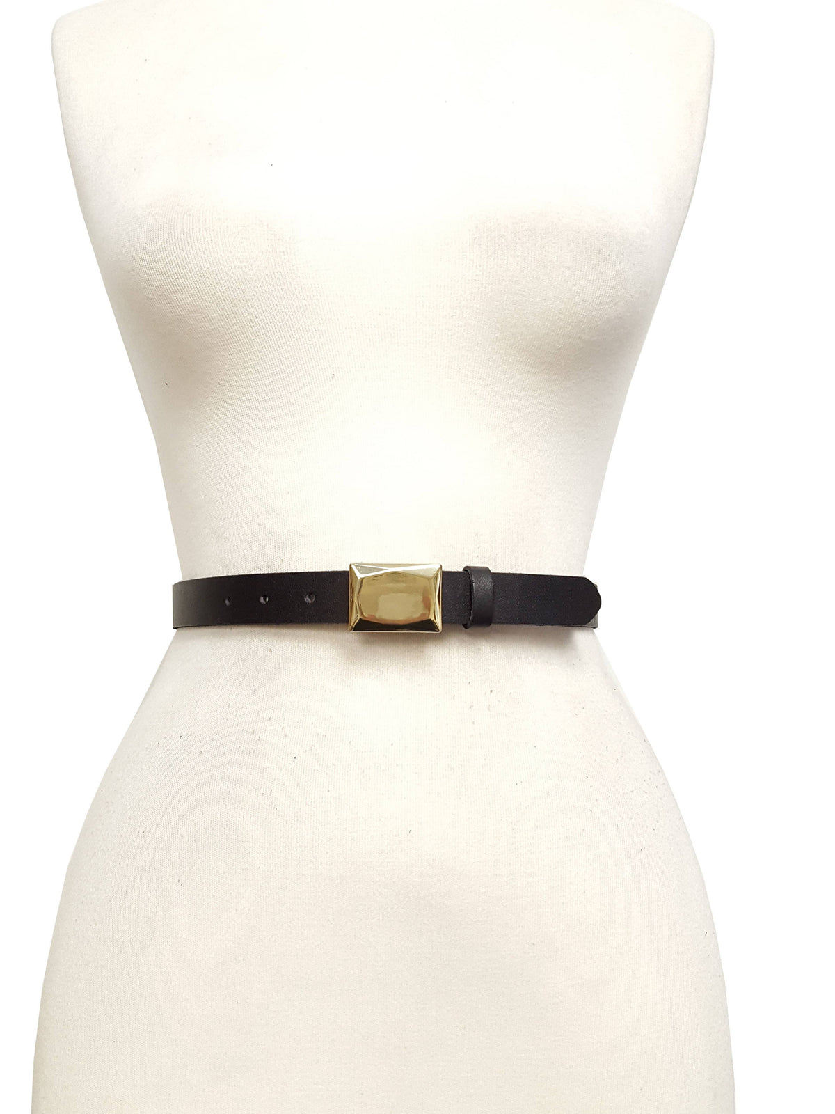 Genuine Leather Skinny Belt with Faceted Gold Buckle-Axesoria West
