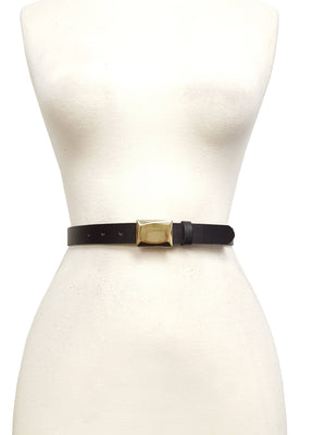 Genuine Leather Skinny Belt with Faceted Gold Buckle-Axesoria West