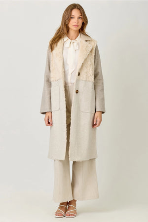 Color Blocked Long Coat in Oatmeal Mix - Mystree
