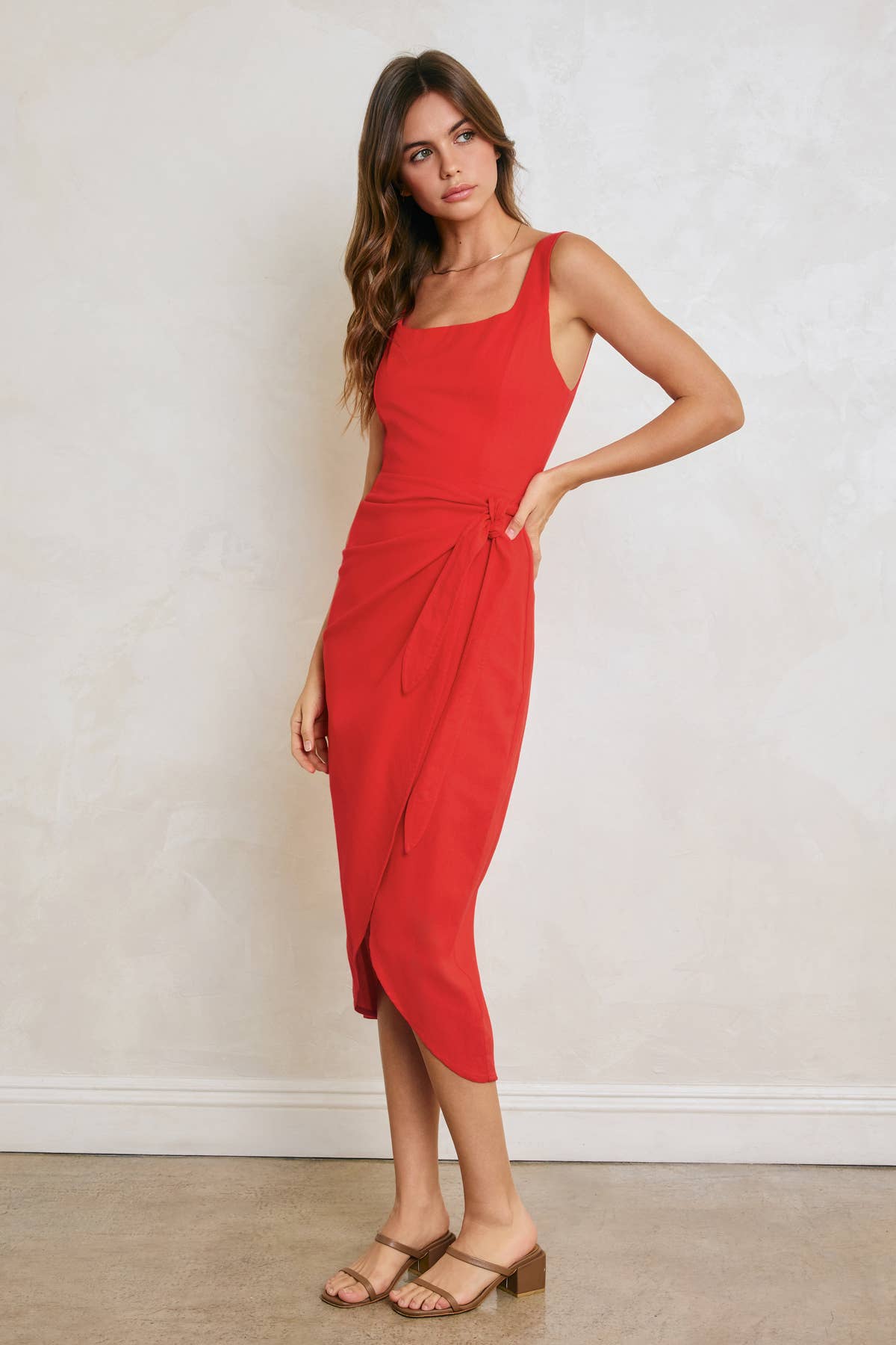 Linen Square Neck Tulip Hem Wrap Dress-Dress Forum