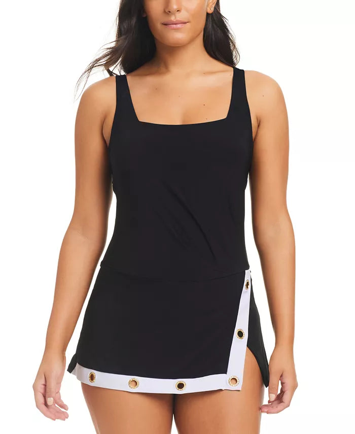 Square Neck Grommet Swim Dress in Black/White - Beyond Control
