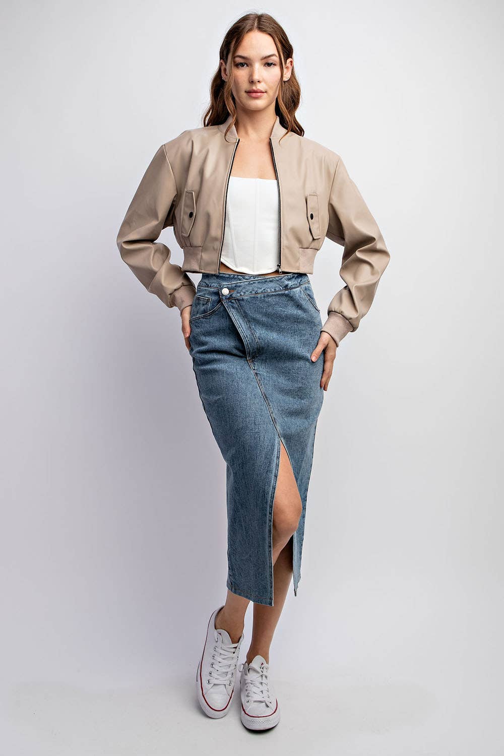 Faux Leather Cropped Bomber- Edit by Nine CJ3236