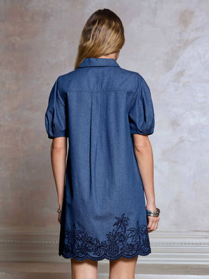 Denim Embroidered Shift Dress-Current Air