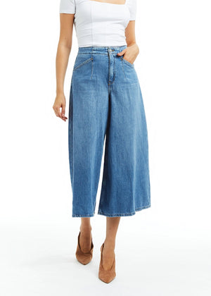 Denim Culotte with Back Buckle - Tractr Jeans