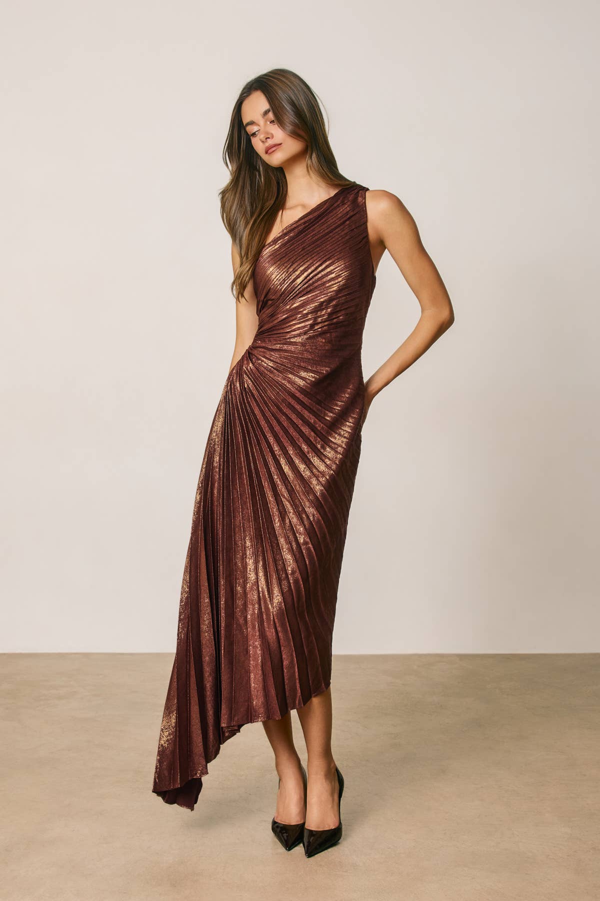 Metallic Foil 1 Shoulder Asym Pleated Dress-Dress Forum FD10589