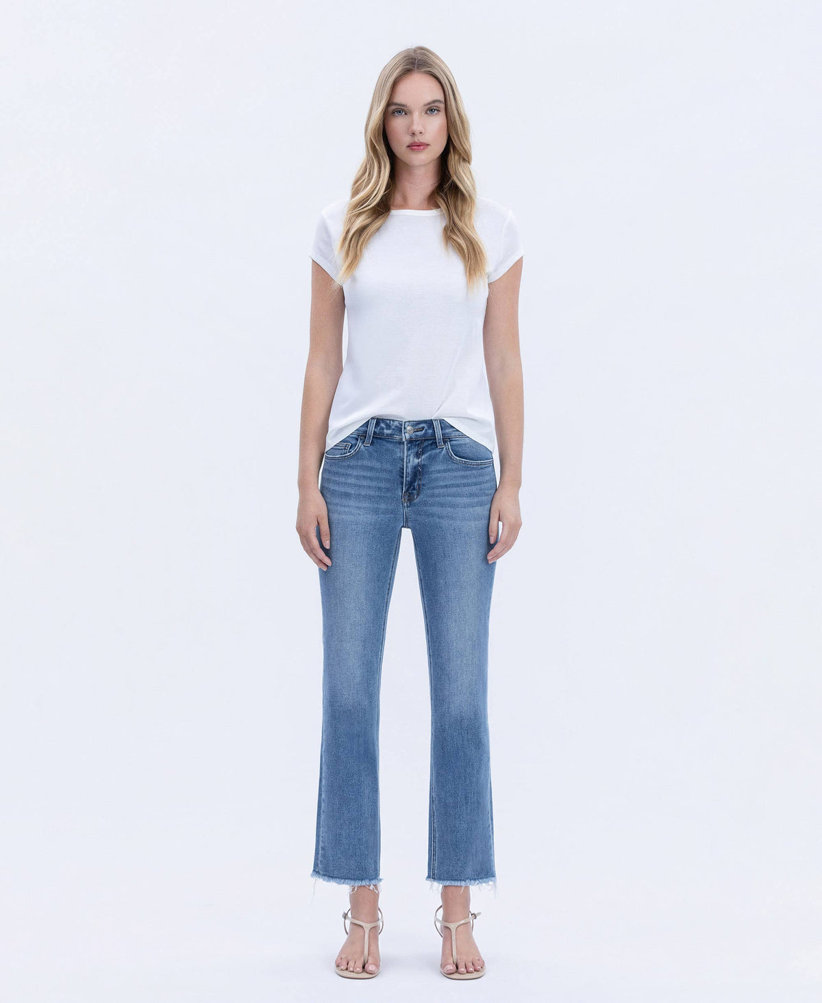 MID RISE MEDIUM WASH RAW HEM CROP STRAIGHT JEANS V2750N-Vervet