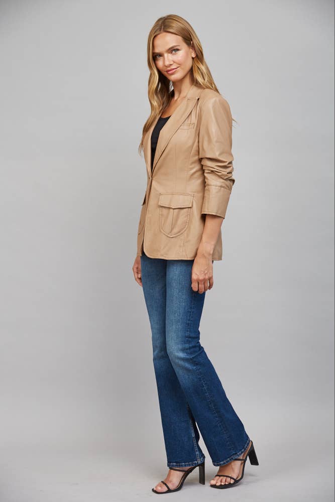 RUCHED SLV FAUX LEATHER BLAZER-FATE - FJ70275