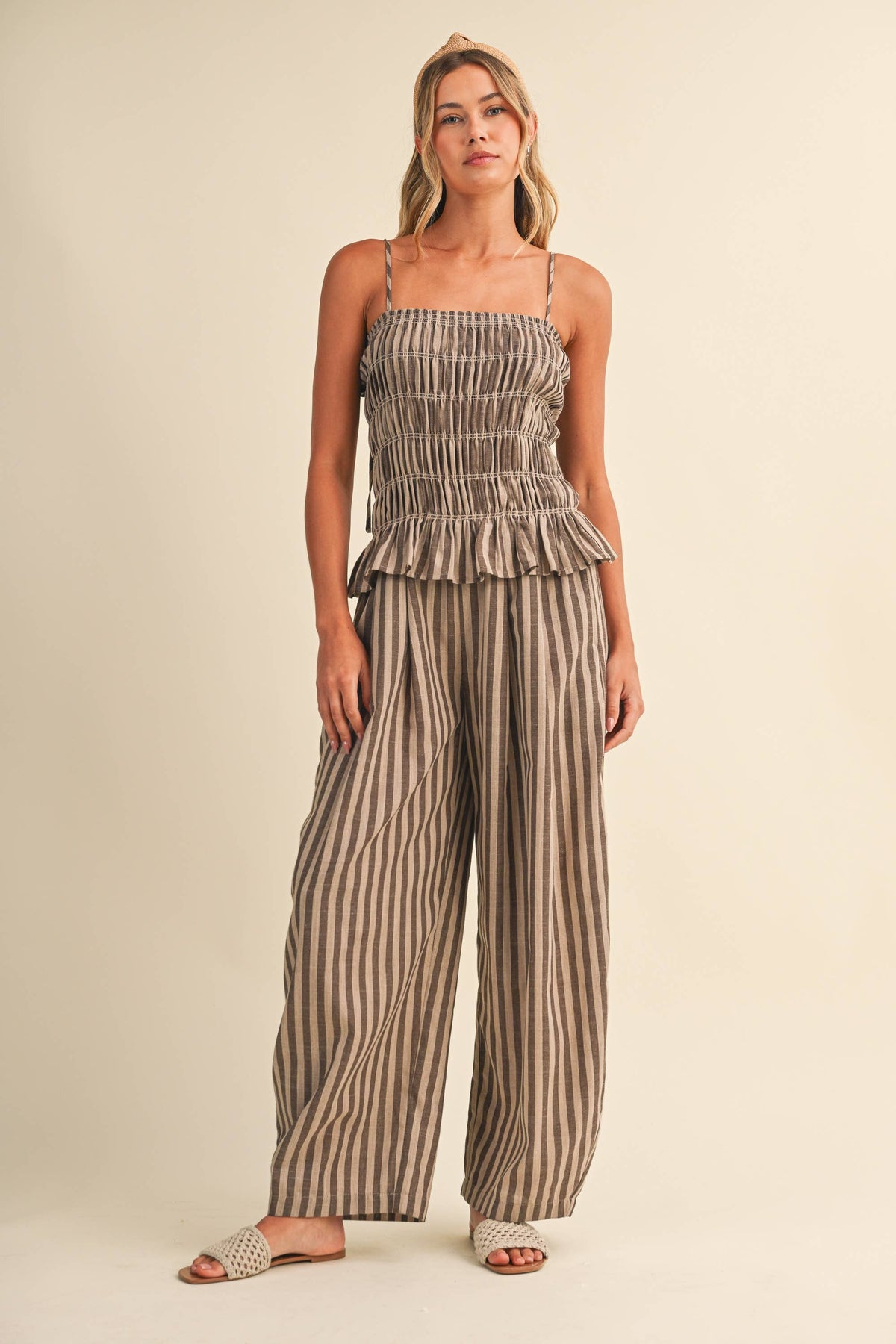 Striped Ruffle Hem Smocked Jumpsuit-Klesis - IJP3436