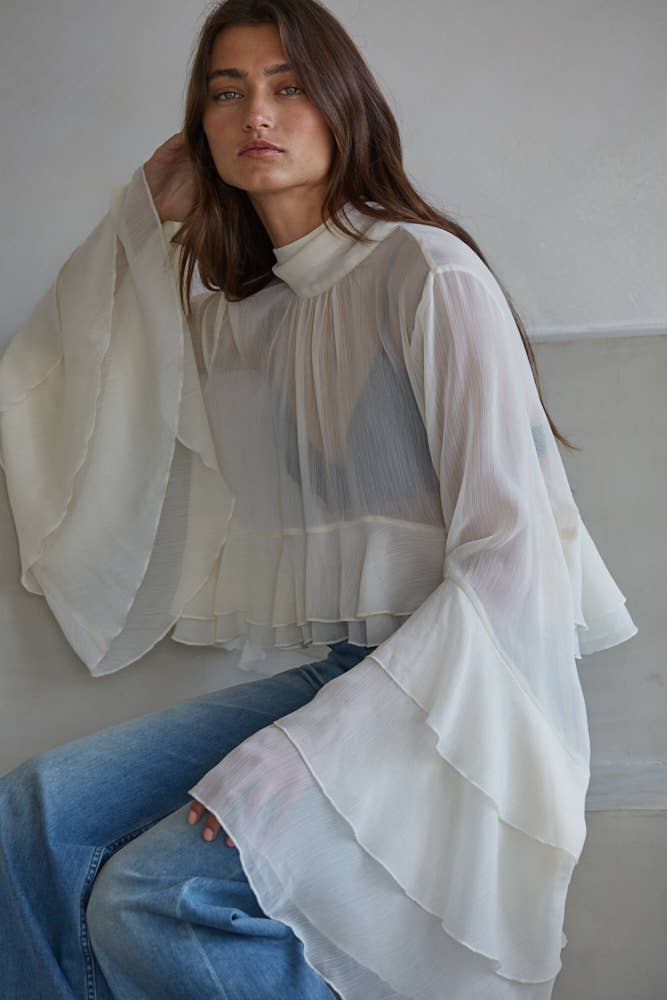 Woven  Chiffon See Through cape blouse-By Together - L9717