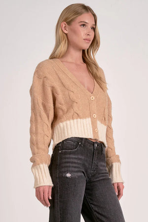 Cable Crop Cardi in Tan/Natural - Elan