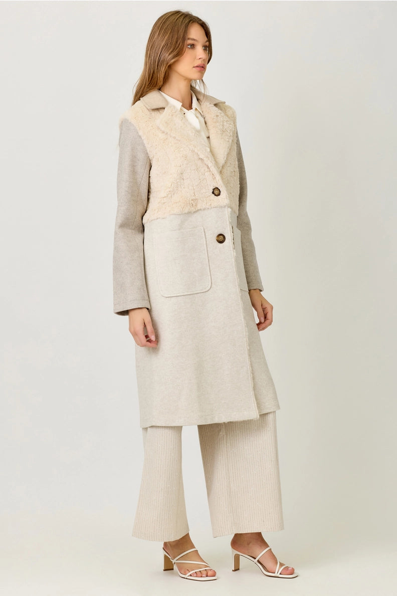 Color Blocked Long Coat in Oatmeal Mix - Mystree