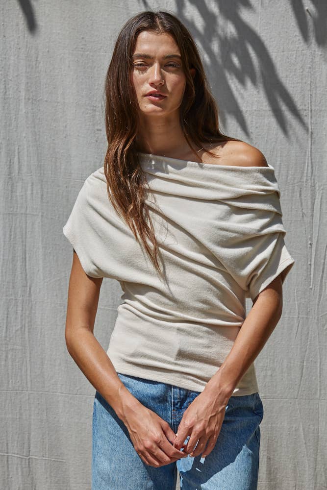 Solid Off Shoulder Drape Top-By Together L10213