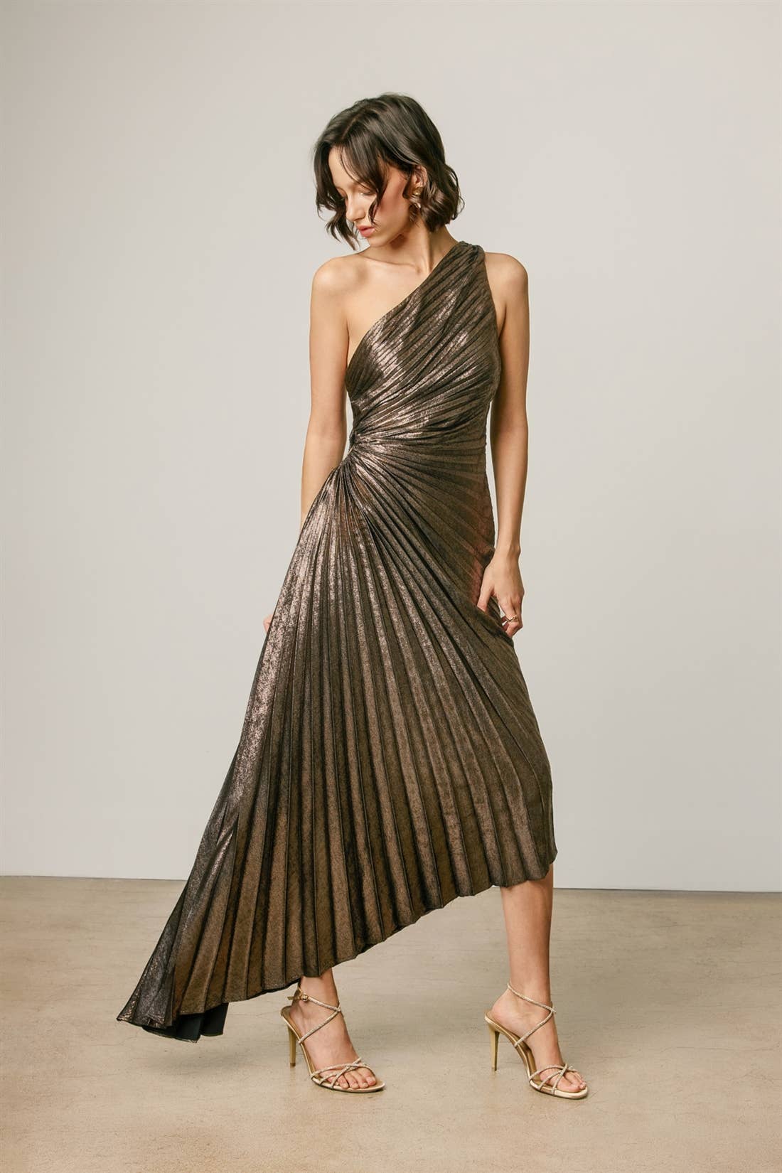 Metallic Foil 1 Shoulder Asym Pleated Dress-Dress Forum FD10589