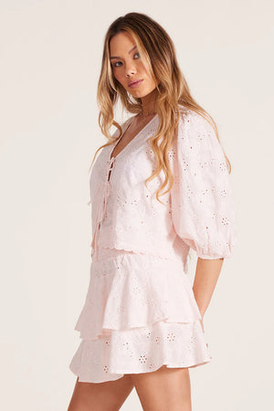 Tie Front Crop Balloon Sleeve Top in Pink - Bobi