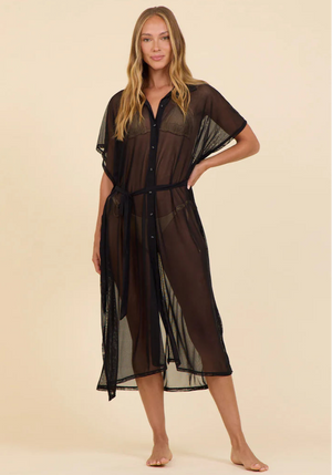 Mesh Button Front Coverup - Vintage Havana