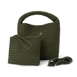 Haute Shore Shelly Woven Olive Bucket Bag for Women – Convertible Top Handle Handbag with Removable Crossbody Strap & Matching Wristlet Pouch