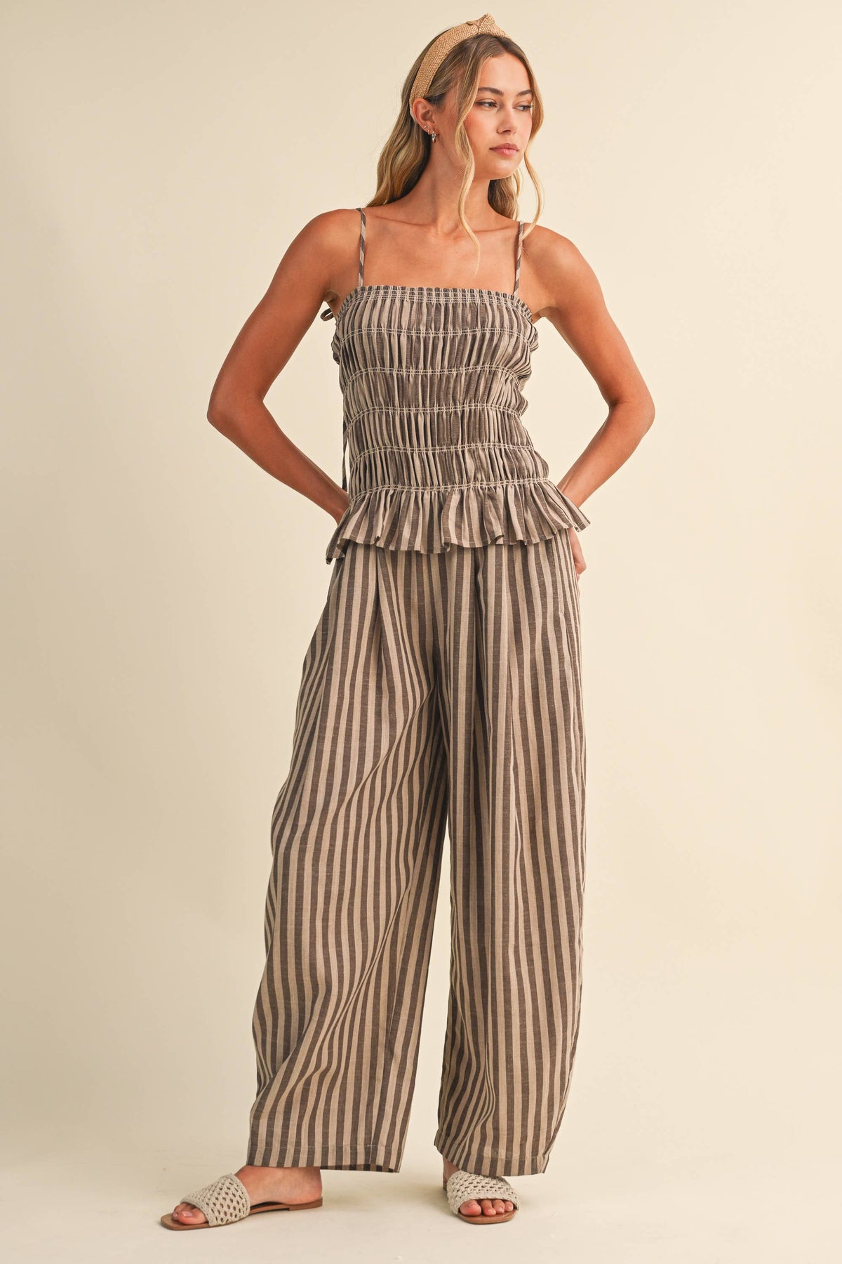 Striped Ruffle Hem Smocked Jumpsuit-Klesis - IJP3436