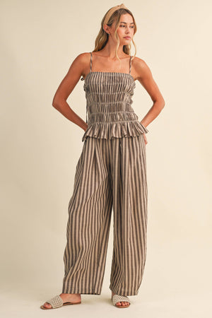 Striped Ruffle Hem Smocked Jumpsuit-Klesis - IJP3436