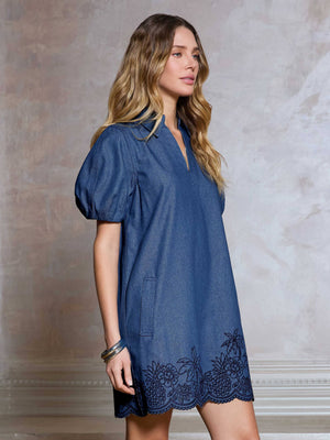 Denim Embroidered Shift Dress-Current Air