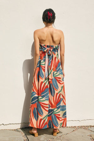 Tropical Leaf Strapless Tie Back Maxi Dress-Dress Forum