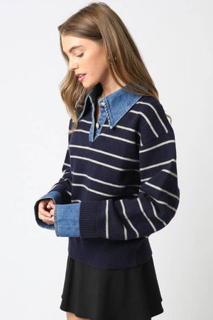 Sofia Stripe Collared Sweater-Olivaceous