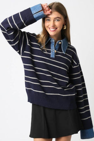Sofia Stripe Collared Sweater-Olivaceous